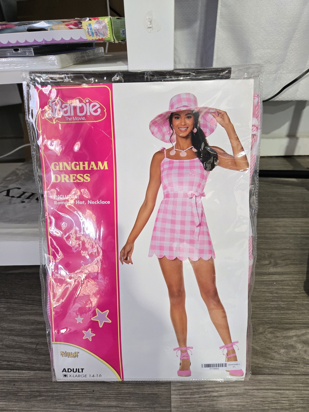Barbie Pink & White Gingham Dress with Matching Hat Costume Adult XL